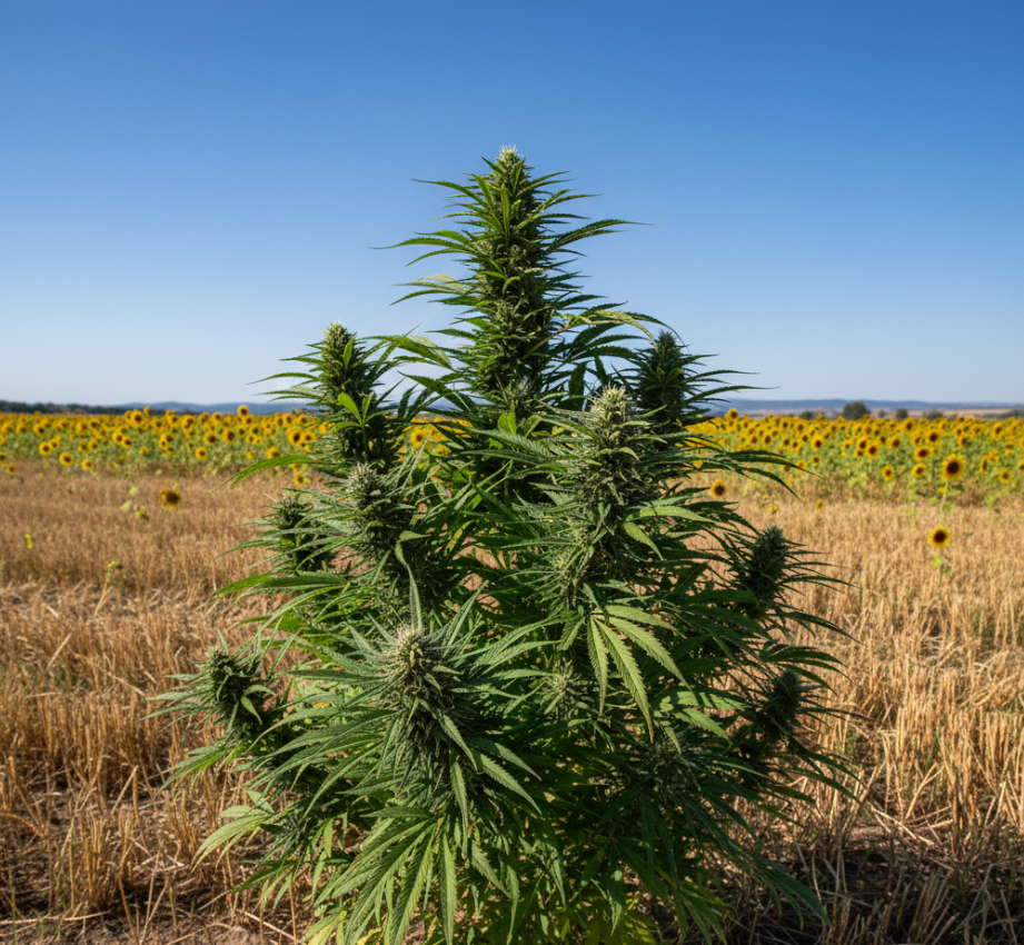 Tall sativa plant with elongated colas and bright green leaves